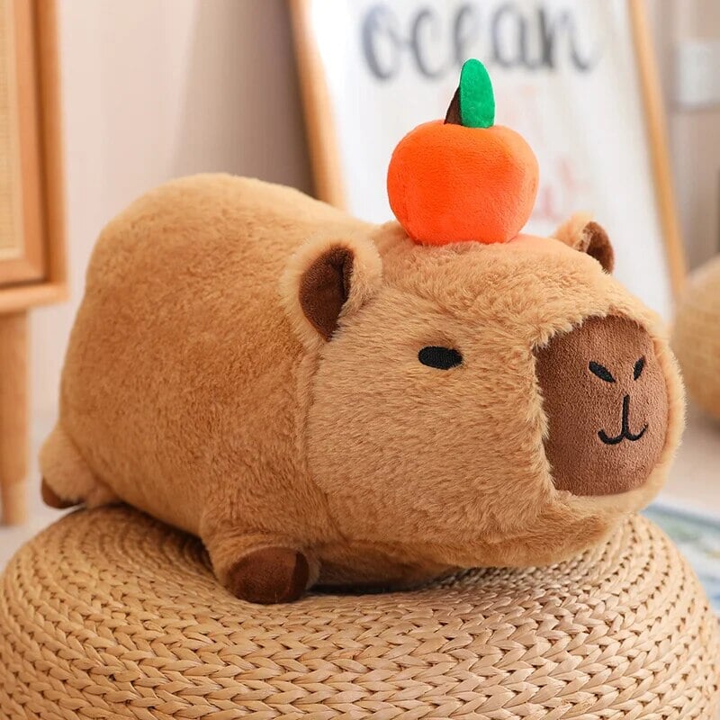 Bestofkawaii Fluffy Sleepy Capybara with Orange Plushie 